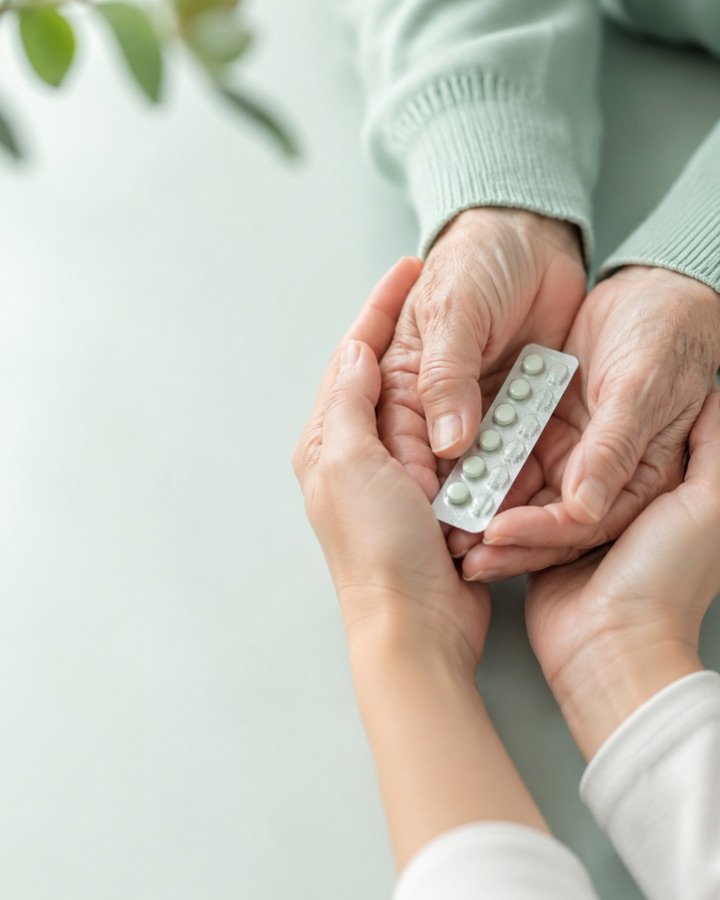 A daughter's hands gently holding her elderly parent's hands with a strip of medicine.