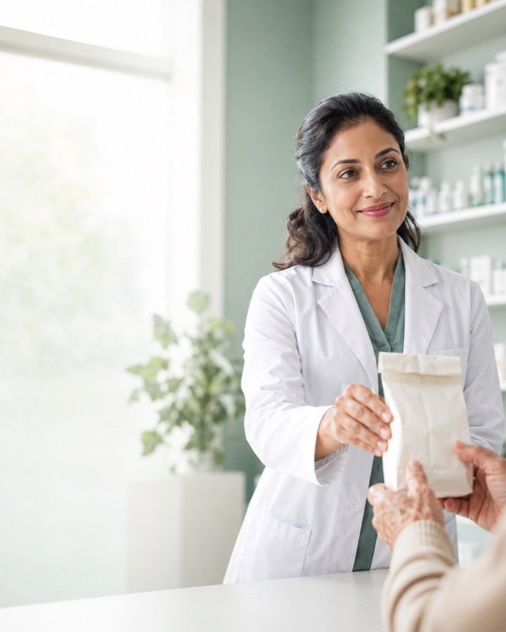 A Bhashyam pharmacist warmly handing a medicine bag to a customer at the counter.